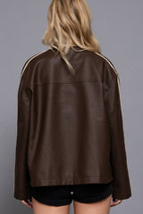 Long Sleeve Line Detail Washed Effect Faux Leather Jacket