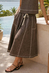 LINEN STITCH MIDI SKIRT: DARK BROWN / S