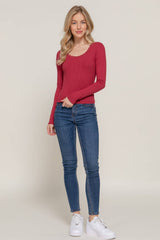 Long Sleeve Scoop Neck with Lace Trim Rib Knit Top: HGY-h grey / L