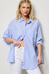 Oversized Gingham Button Down Shirt: Light Blue / L