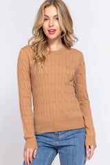 Long Sleeve Round Neck Cable Sweater  NAVY