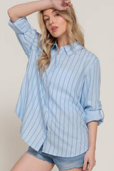 Long Sleeve Button Down Stripe Linen Oversized Shirt: