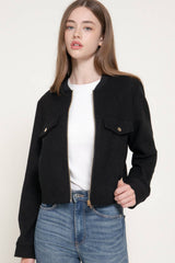 Long Sleeve Crew Neck Felt Jacket with Pocket Flap Detail: BRN-dark brown / L