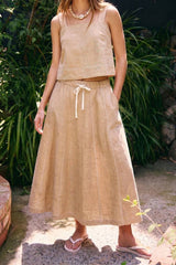 LINEN STITCH MIDI SKIRT: DARK BROWN / S