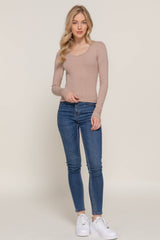 Long Sleeve Scoop Neck with Lace Trim Rib Knit Top: HGY-h grey / L