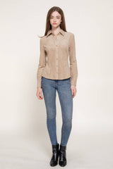 Long Sleeve Button Down Stretch Faux Suede Shirt: TPE-dark beige / L
