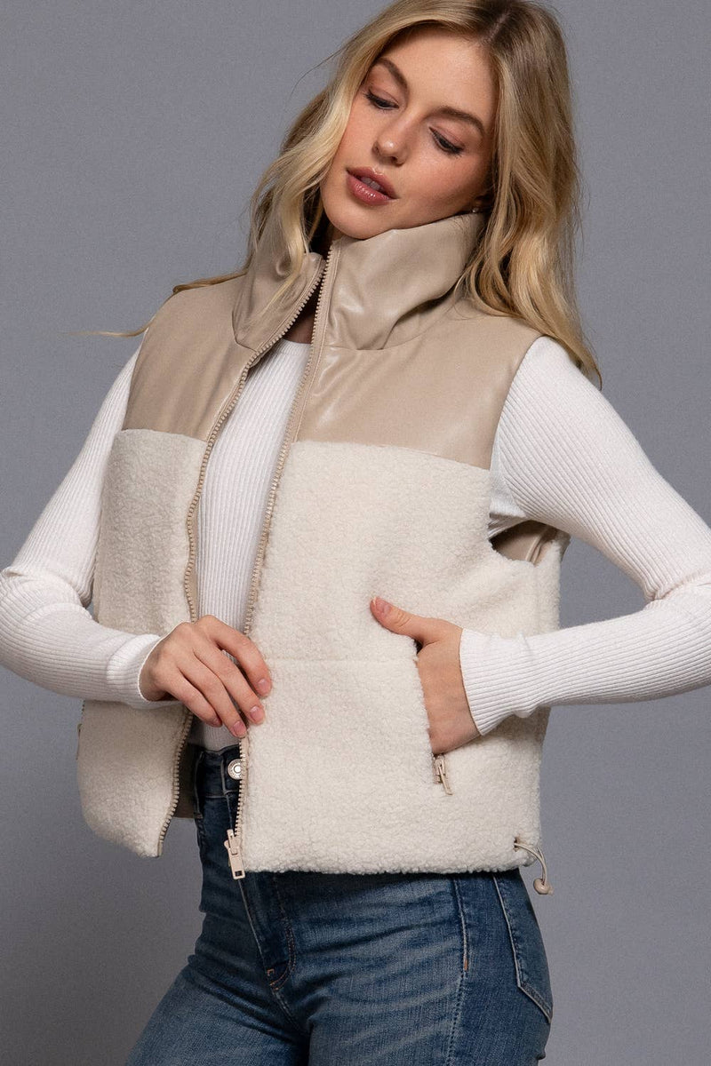 Reversible Faux Leather-Sherpa Crop Vest