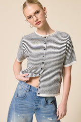 Navy Striped Short Sleeve Button Cardigan
