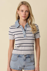 Striped Contrast Collar Crop Top
