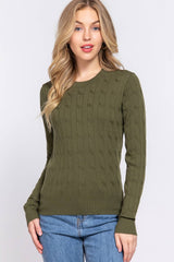 Long Sleeve Round Neck Cable Sweater  NAVY