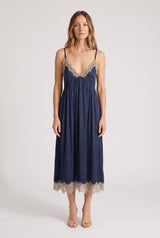 Lace Trim Midi Dress: NAVY/TAUPE / L