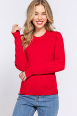 Long Sleeve Round Neck Cable Sweater  NAVY