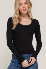 Long Sleeve Scoop Neck with Lace Trim Rib Knit Top: HGY-h grey / L