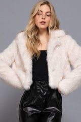 Long Sleeve Notched Collar Faux Fur Cropped Jacket: BRN-dark coffee / L