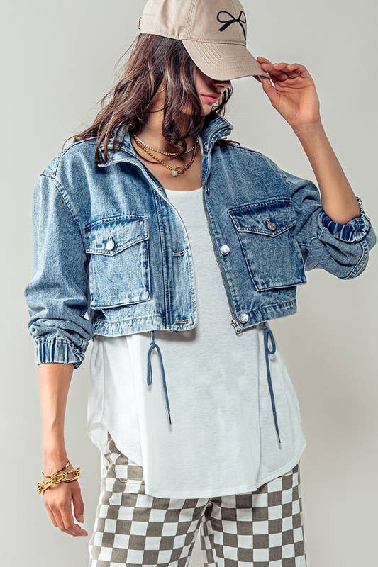Drawstring Hem Stand Collar Denim Jacket