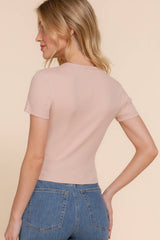 Short Sleeve Crew Neck Cotton Spandex Rib Knit Top : PNK-beige pink / L