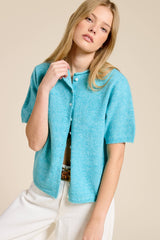 Short Sleeve Button Down Cardigan Top: Pink / L