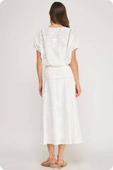 Floral Embroidery Cotton Lace Trim Skirt Top Set: Navy / L