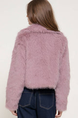Long Sleeve Notched Collar Faux Fur Cropped Jacket: BRN-dark coffee / L