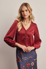 Lace Trim Satin Blouse