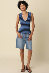 Striped V-Neck Tank Top: Dk Blue Navy