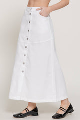 Stretch Cotton Twill A-Line Button Down Maxi Skirt: BLK-black / L
