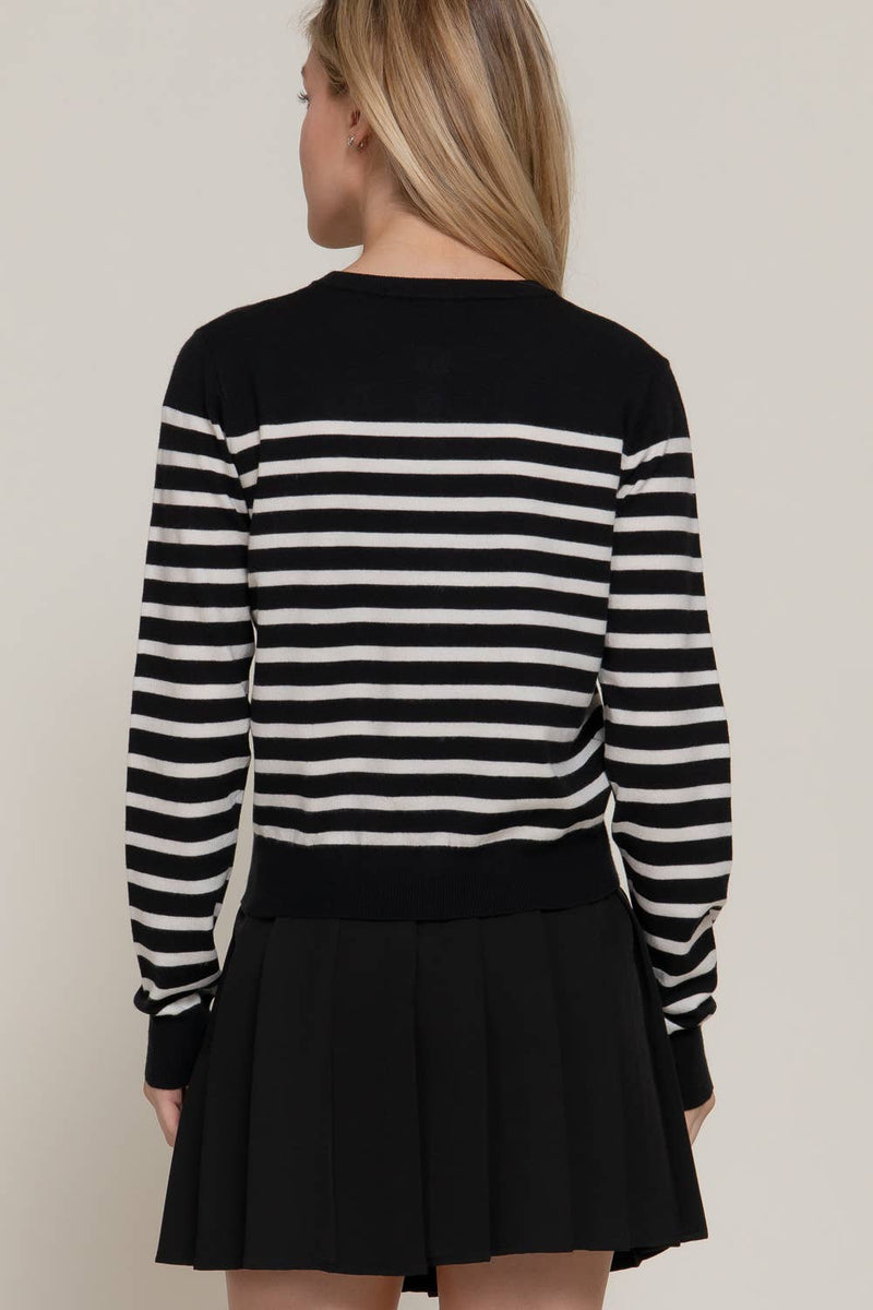Crew Neck Stripe Sweater Cardigan