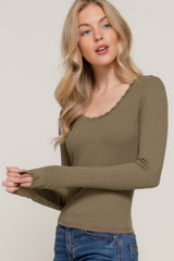 Long Sleeve Scoop Neck with Lace Trim Rib Knit Top: HGY-h grey / L