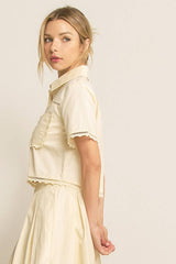 LACE DETAIL POCKET SHIRT & SKIRT SET-HSET0119: Off-White / L