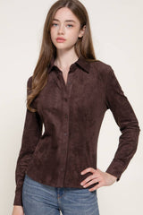 Long Sleeve Button Down Stretch Faux Suede Shirt: TPE-dark beige / L