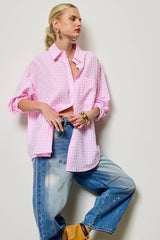 Oversized Gingham Button Down Shirt: Light Blue / L