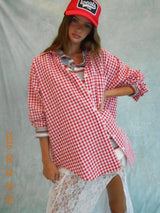 Oversized Gingham Button Down Shirt: Light Blue / L