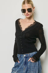Lace Trim V Neck Knit Cardigan: Black / L