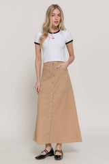 Stretch Cotton Twill A-Line Button Down Maxi Skirt: BLK-black / L