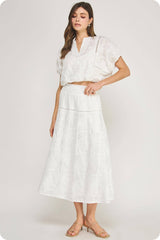 Floral Embroidery Cotton Lace Trim Skirt Top Set: Navy / L