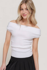 Off The Shoulder Side Ruched Sweater Top : BLK-black / L