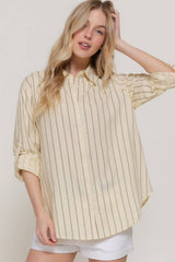 Long Sleeve Button Down Stripe Linen Oversized Shirt: