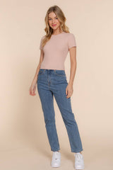 Short Sleeve Crew Neck Cotton Spandex Rib Knit Top : PNK-beige pink / L