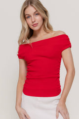 Off The Shoulder Side Ruched Sweater Top : BLK-black / L