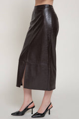 Front Slit Texture Faux Leather Pencil Midi Skirt: BLK-black / L