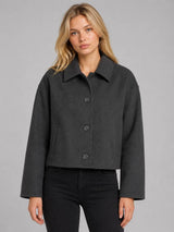 Women's Button Front Cropped Woolen Jacket: Gray / L