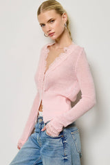 Lace Trim V Neck Knit Cardigan: Black / L
