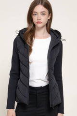 Hight Neck Adjustable Hoodie Quilted Puffer Jacket: IVY-cream / L
