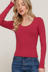 Long Sleeve Scoop Neck with Lace Trim Rib Knit Top: HGY-h grey / L