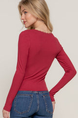 Long Sleeve Scoop Neck with Lace Trim Rib Knit Top: HGY-h grey / L