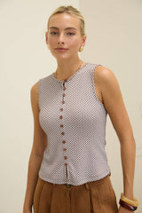 Sleeveless Gingham Knit Top with Button