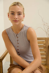 Sleeveless Gingham Knit Top with Button