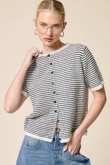 Navy Striped Short Sleeve Button Cardigan