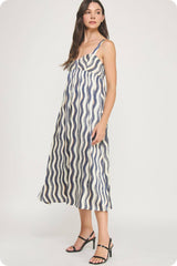 Wavy Striped Satin Midi Dress