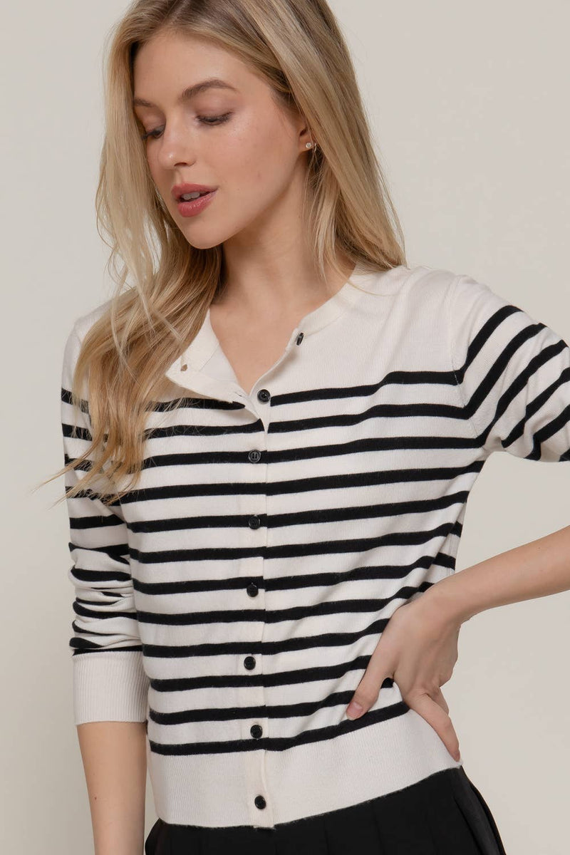 Crew Neck Stripe Sweater Cardigan